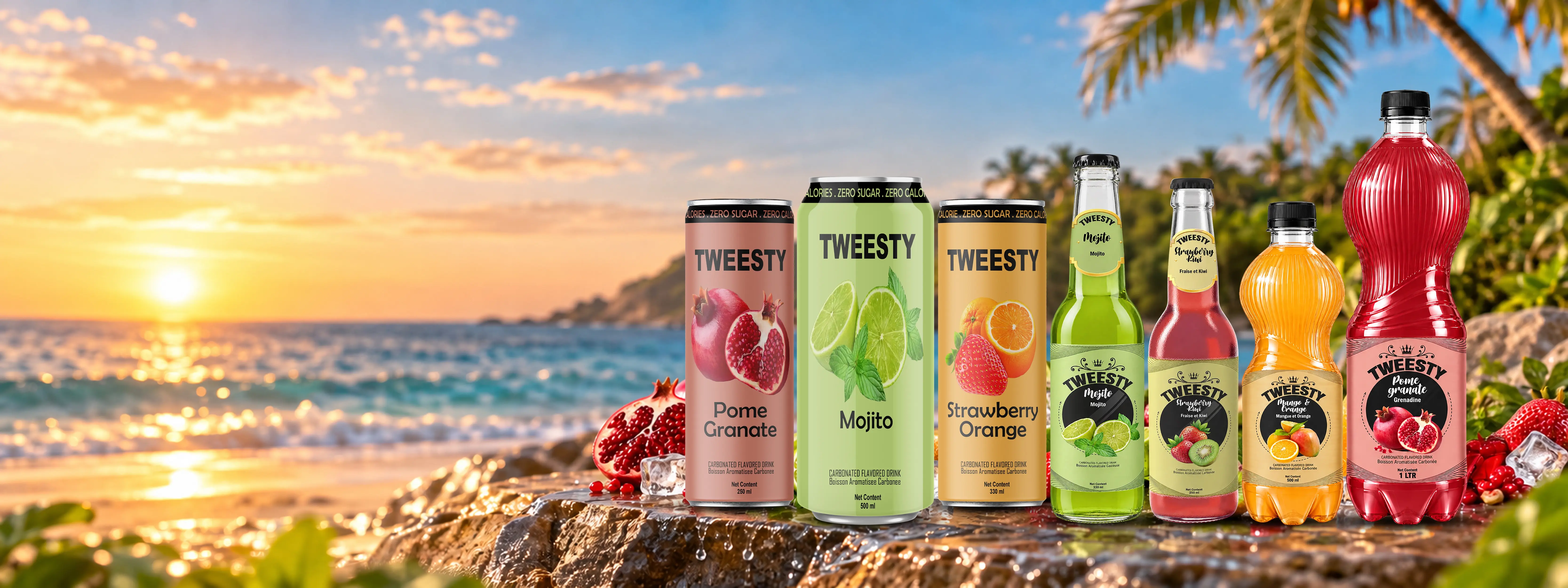 TWEESTY carbonated drinks in pomegranate, mojito, strawberry orange and fruit flavours displayed on a tropical beach at sunset.